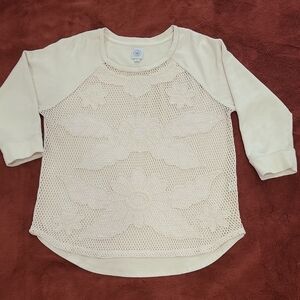 LUCKY LOTUS Cream Long Sleeve Tee with Rounded Neckline and Shirttail Hem